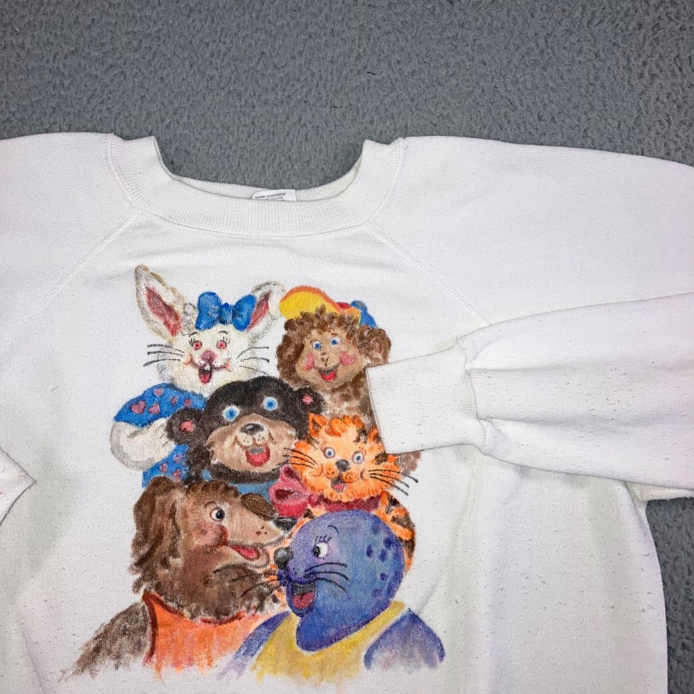 Vtg Graphic Sweatshirt Women 2XL Animal Friends‎ Raglan Crewneck Grandma 80s 90
